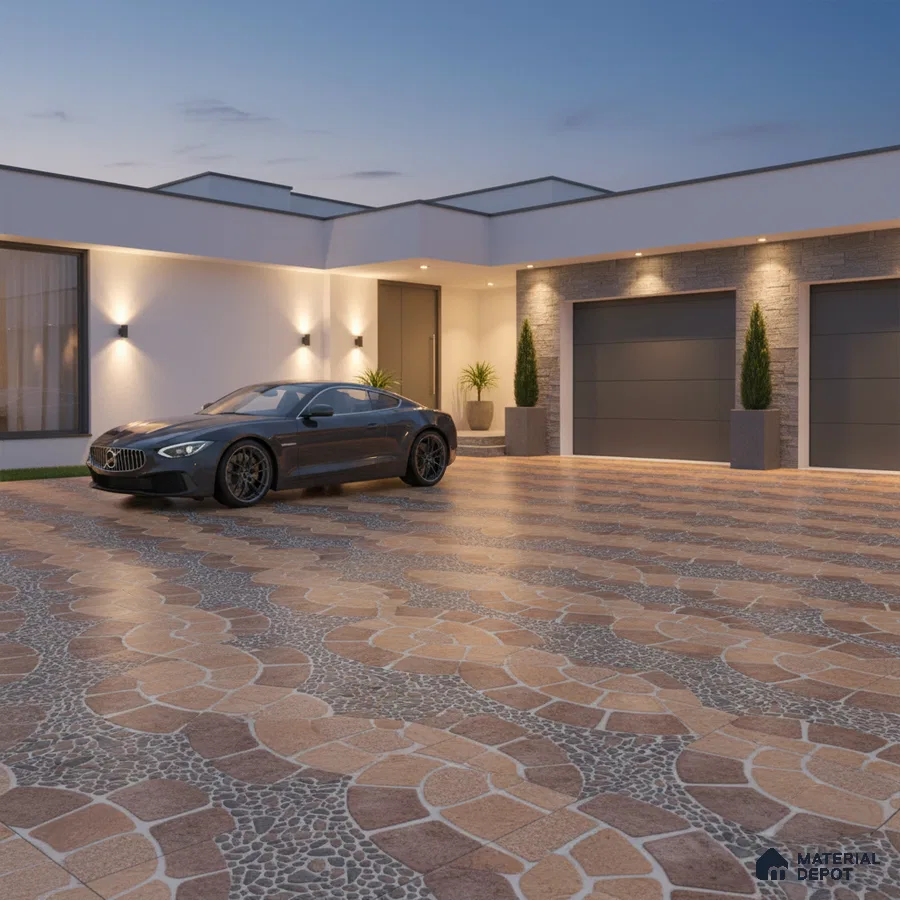 Modern parking with stone cladding wall and patterned cobblestone floor tiles