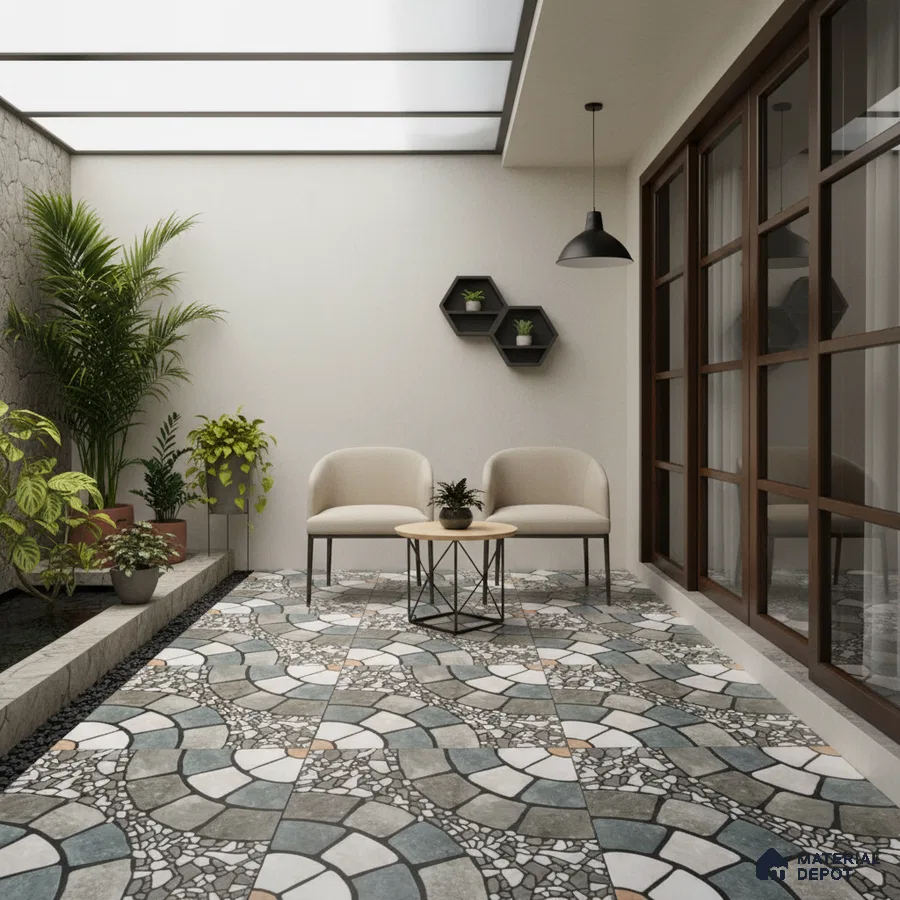 Modern balcony with geometric patterned floor tiles and stone cladding accent wall