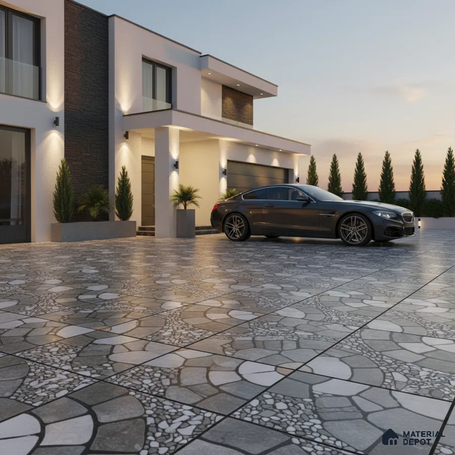 Modern parking with geometric patterned outdoor tiles and stone cladding accents
