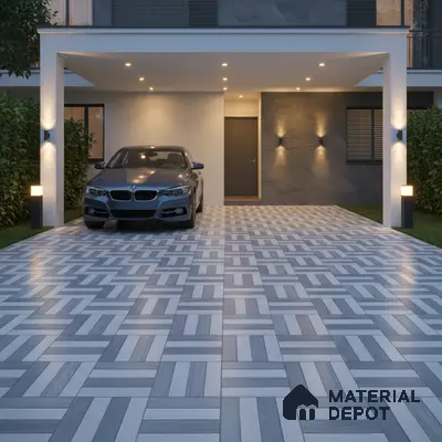 Modern parking with grey geometric patterned floor tiles and textured stone wall