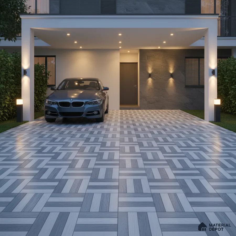 Modern parking with grey geometric patterned floor tiles and textured stone wall
