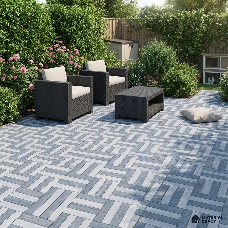 Modern outdoor seating with grey wood-look geometric floor tiles
