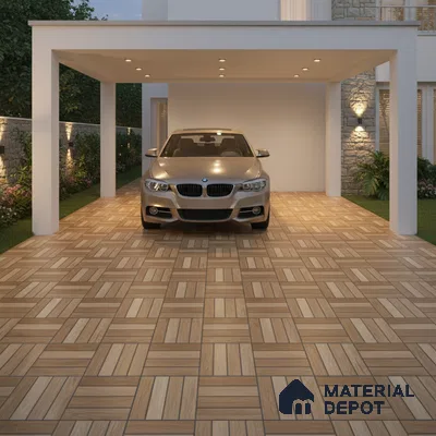 Modern parking with wood-look ceramic floor tiles and geometric pattern