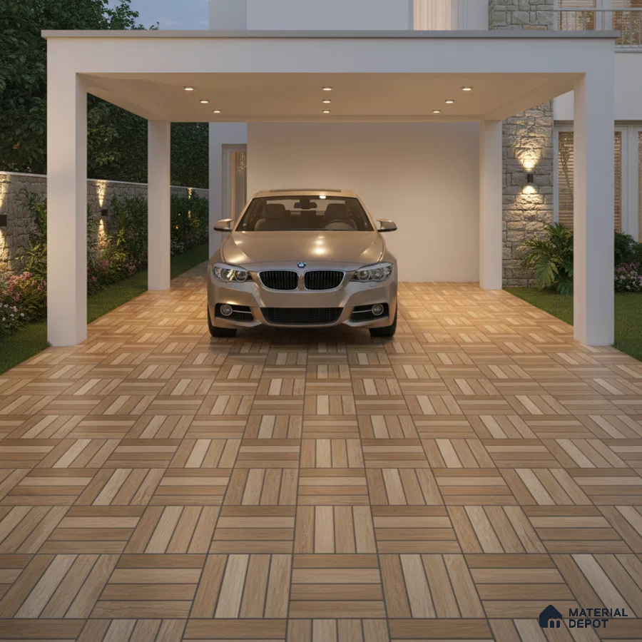 Modern parking with wood-look ceramic floor tiles and geometric pattern