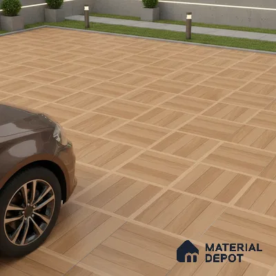 Modern parking area with light oak wood-look floor tiles in geometric pattern