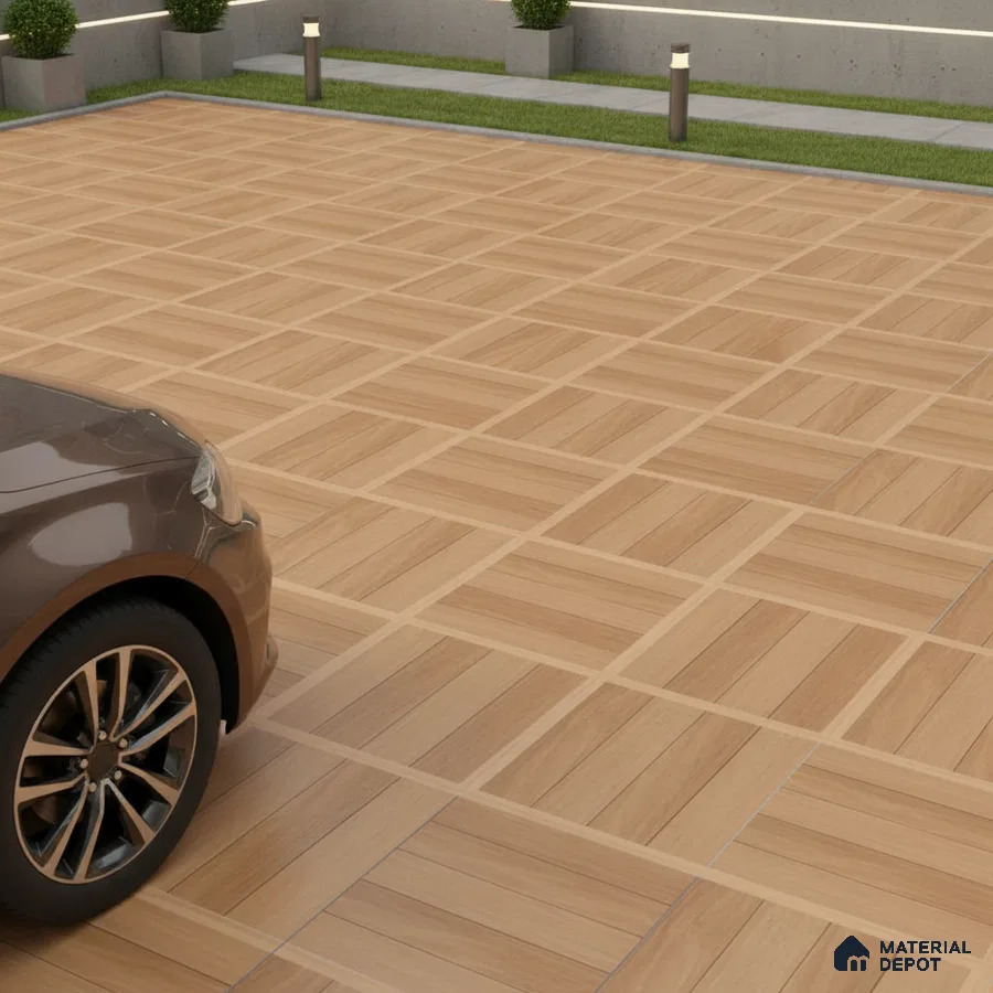 Modern parking area with light oak wood-look floor tiles in geometric pattern