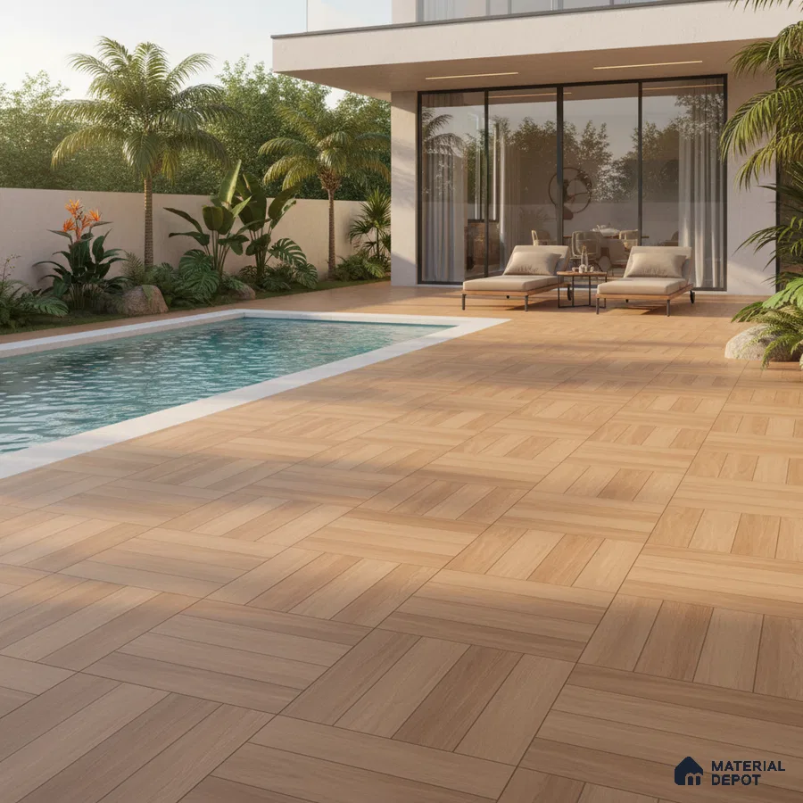Modern outdoor poolside with light oak wood-look floor tiles