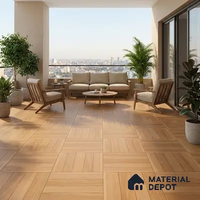 Scandinavian balcony with light oak wood-look floor tiles and wooden outdoor furniture