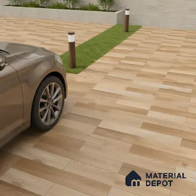 Modern parking area with wood-look outdoor floor tiles and stone cladding wall