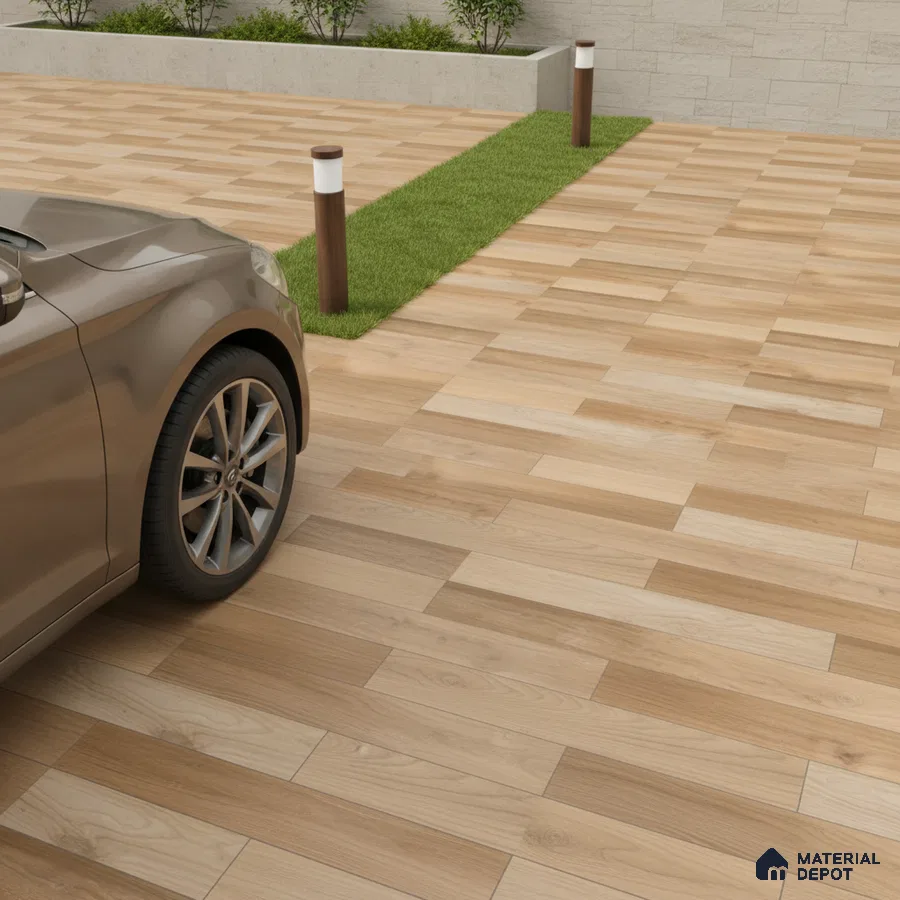 Modern parking area with wood-look outdoor floor tiles and stone cladding wall
