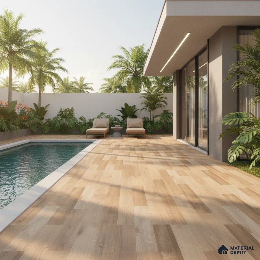 Modern outdoor poolside with light oak wood-look floor tiles and tropical landscaping