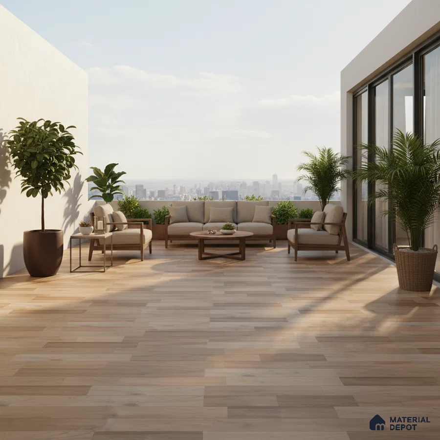 Scandinavian outdoor terrace with light oak wood-look floor tiles and neutral lounge seating