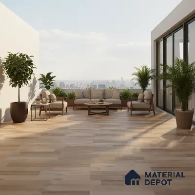 Scandinavian outdoor terrace with light oak wood-look floor tiles and neutral lounge seating