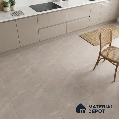 Modern kitchen with glossy beige laminate cabinets, white marble-look backsplash, and matte beige stone floor tiles