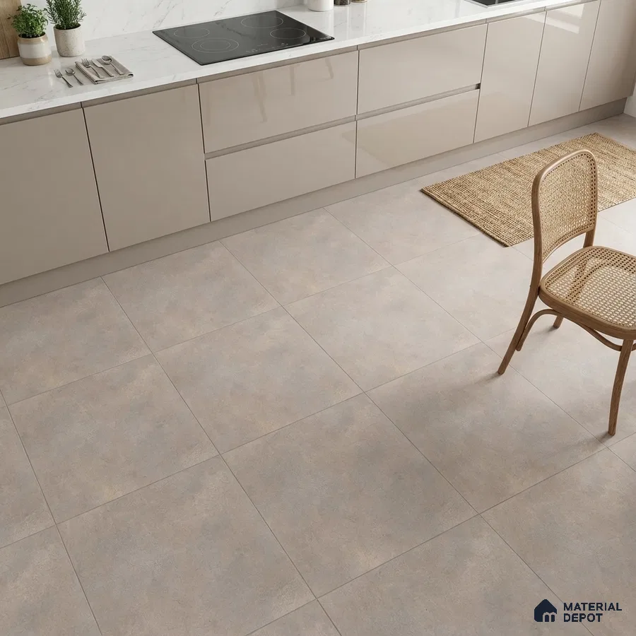 Modern kitchen with glossy beige laminate cabinets, white marble-look backsplash, and matte beige stone floor tiles