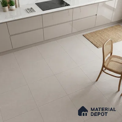 Modern kitchen with glossy taupe laminate cabinets, white marble-look countertop, and light beige matte floor tiles