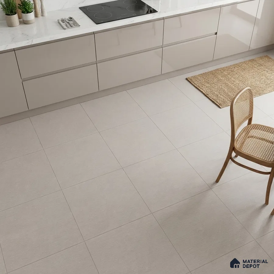 Modern kitchen with glossy taupe laminate cabinets, white marble-look countertop, and light beige matte floor tiles