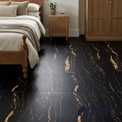Modern Bedroom with Black and Gold Marble-Look Floor Tile