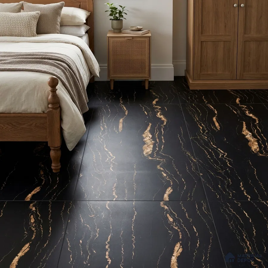 Modern Bedroom with Black and Gold Marble-Look Floor Tile