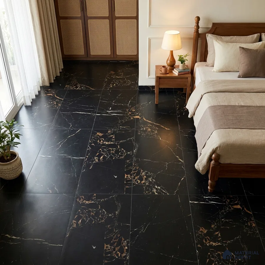 Modern Bedroom with Black Portoro Marble-Look Floor Tile