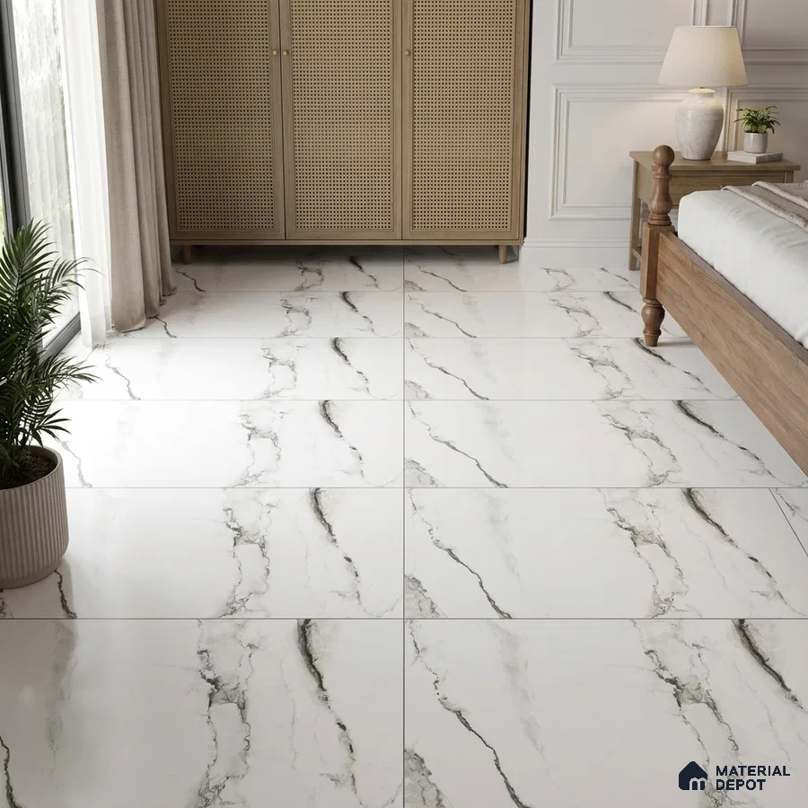 Modern Bedroom with White Marble-Look Floor Tile