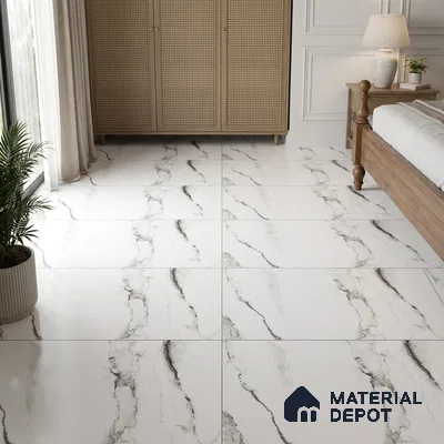 Modern Bedroom with White Marble-Look Floor Tile