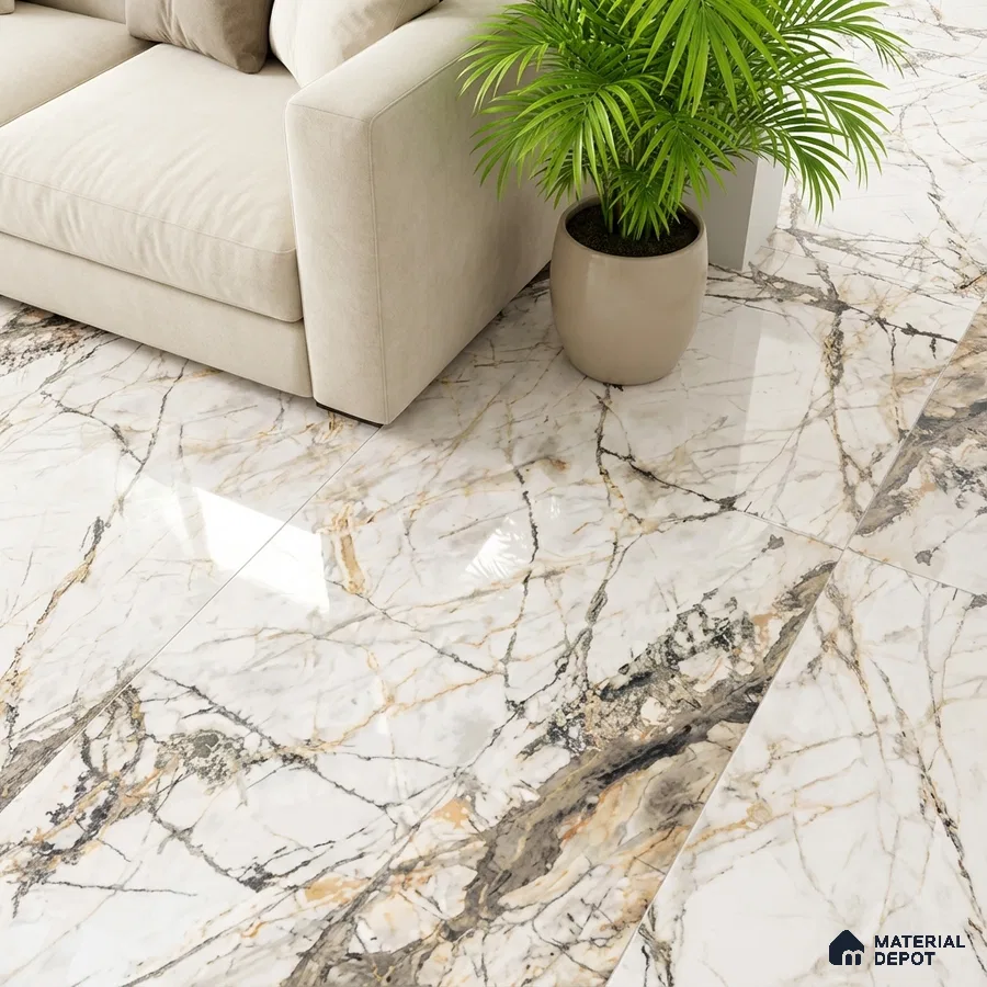 Modern living room with polished calacatta marble-look floor tiles and beige fabric sofa