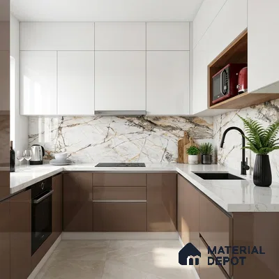 Modern kitchen with glossy taupe laminate, white marble-look backsplash, and white quartz countertop