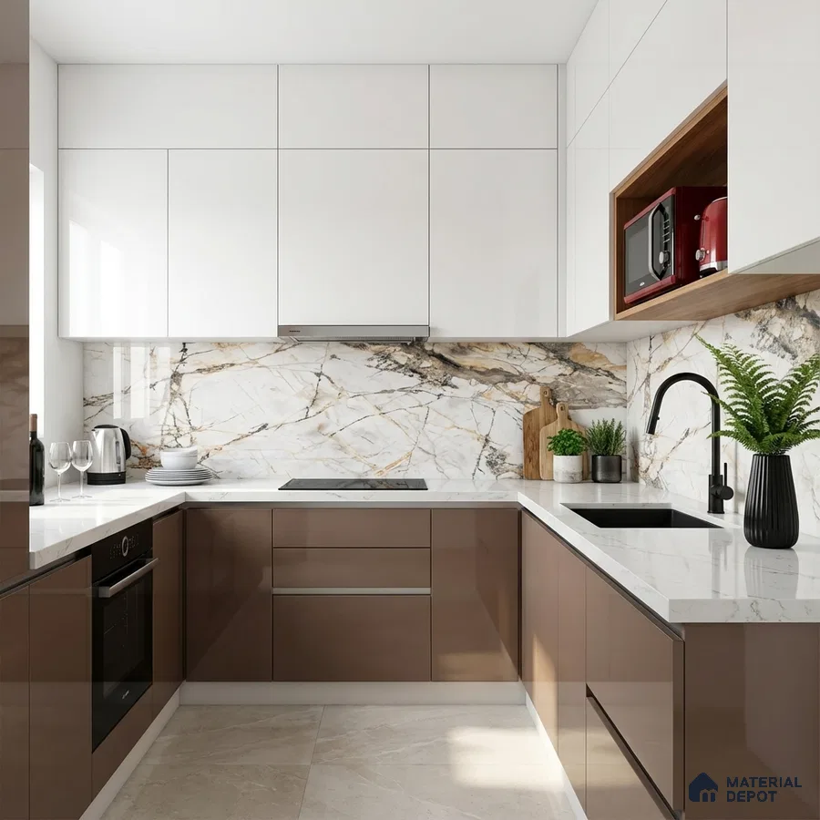 Modern kitchen with glossy taupe laminate, white marble-look backsplash, and white quartz countertop