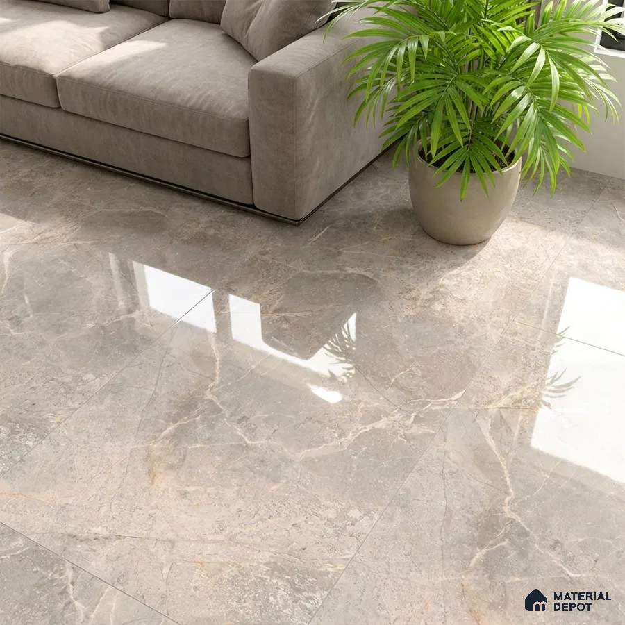 Modern living room with polished grey marble floor tiles and taupe fabric sofa