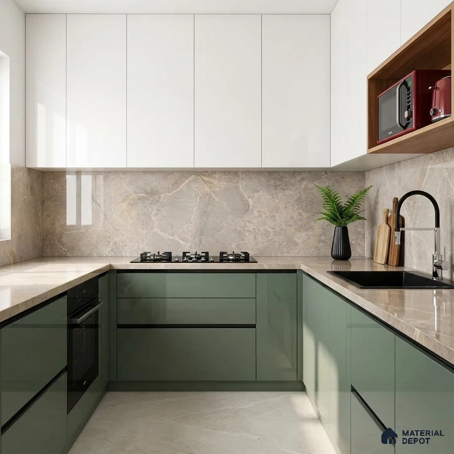 Modern dual tone kitchen with sage green and white laminate, beige marble backsplash and countertop