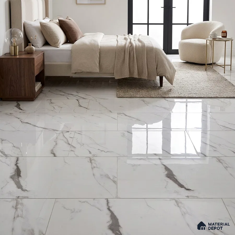 Modern Bedroom with Glossy White Statuario Marble-Look Floor Tile