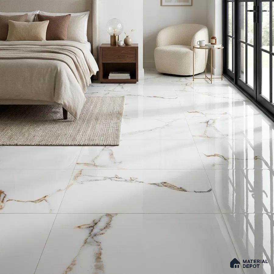 Modern Bedroom with White and Gold Marble-Look Glossy Floor Tile