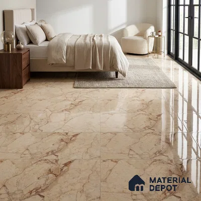 Modern Bedroom with Beige Marble-Look Glossy Floor Tile