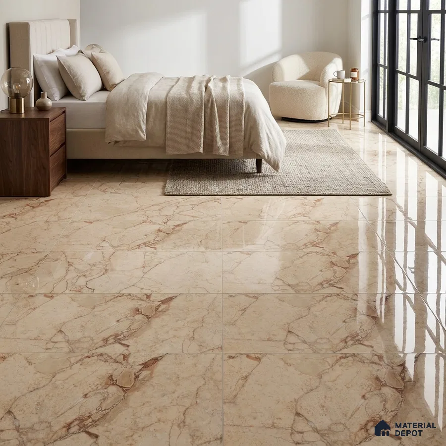 Modern Bedroom with Beige Marble-Look Glossy Floor Tile