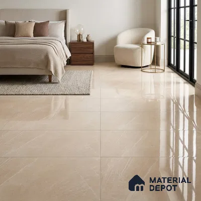 Modern Bedroom with Beige Marble-Look Glossy Floor Tile