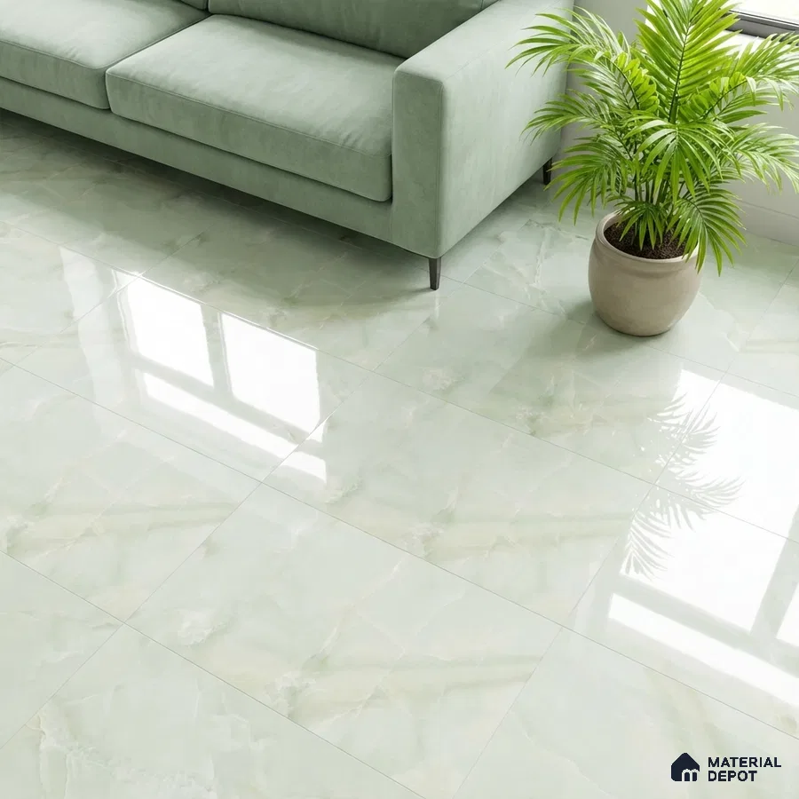 Modern living room with mint green marble-look floor tiles and pastel green sofa