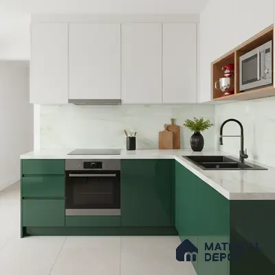 Modern dual tone kitchen with green and white laminate, white marble-look backsplash, and quartz countertop