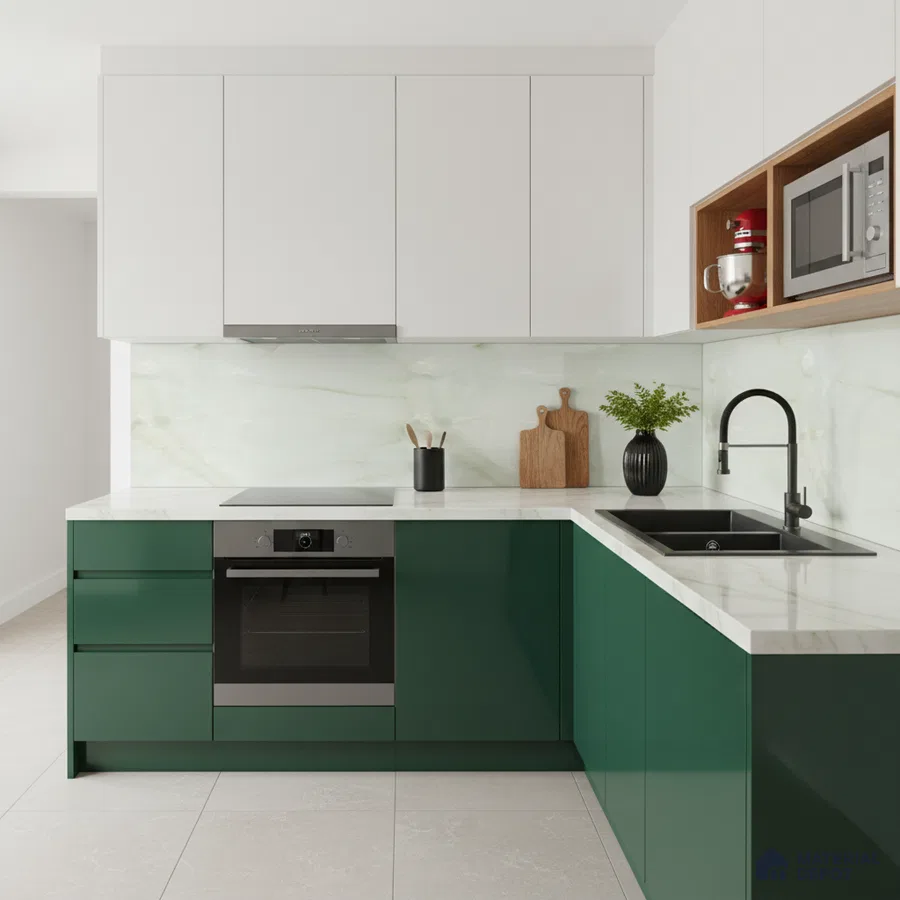 Modern dual tone kitchen with green and white laminate, white marble-look backsplash, and quartz countertop