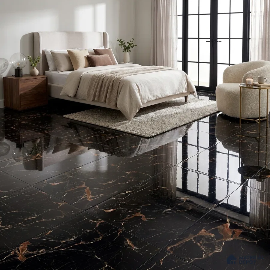 Modern Bedroom with Black Marble-Look High Gloss Floor Tile