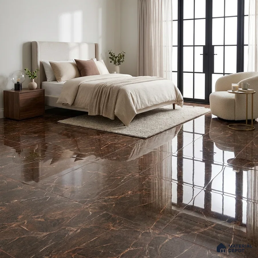Modern Bedroom with Brown Marble-Look High Gloss Floor Tile