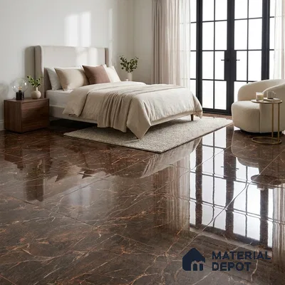 Modern Bedroom with Brown Marble-Look High Gloss Floor Tile