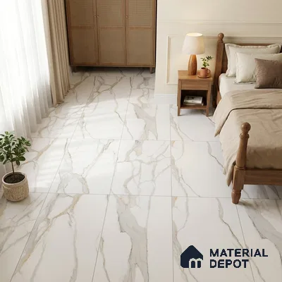 Modern Bedroom with White and Gold Calacatta Marble-Look Matte Floor Tile