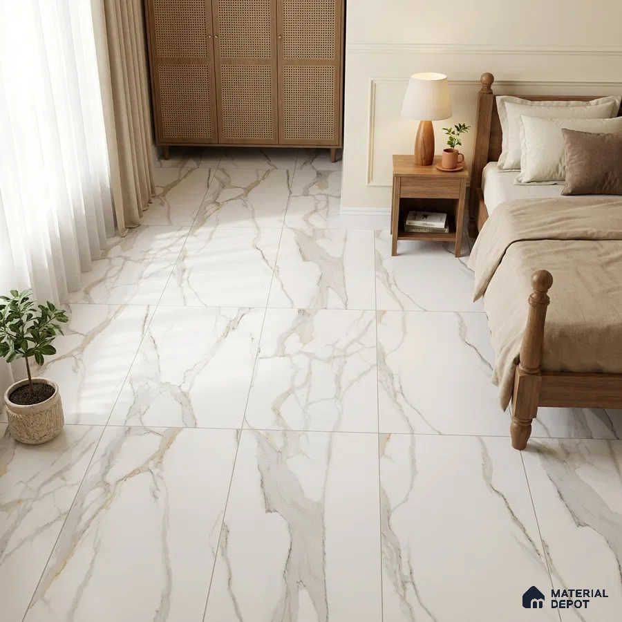 Modern Bedroom with White and Gold Calacatta Marble-Look Matte Floor Tile