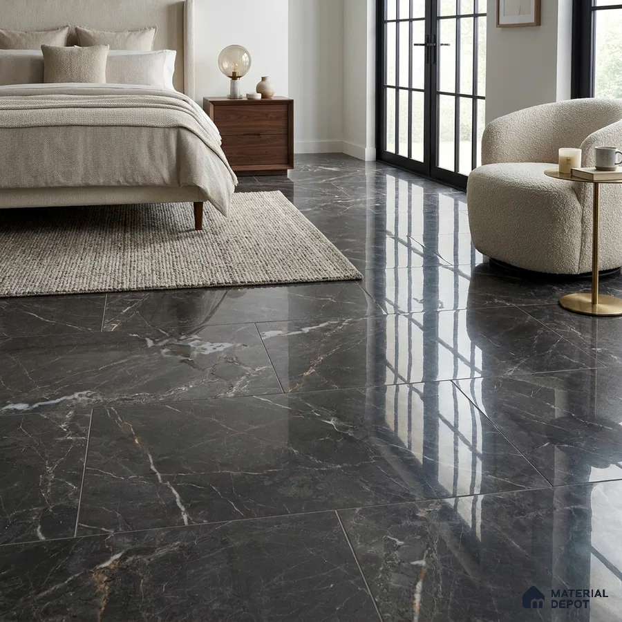 Modern Bedroom with Dark Grey Marble-Look Glossy Floor Tile