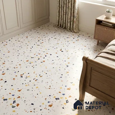 Modern Bedroom with White Terrazzo-Look Matte Floor Tile