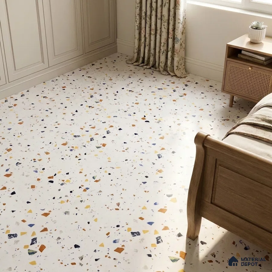 Modern Bedroom with White Terrazzo-Look Matte Floor Tile