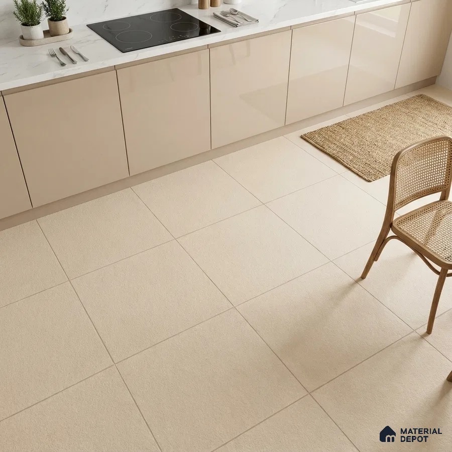 Modern kitchen with beige high gloss laminate cabinets and cream matte floor tiles