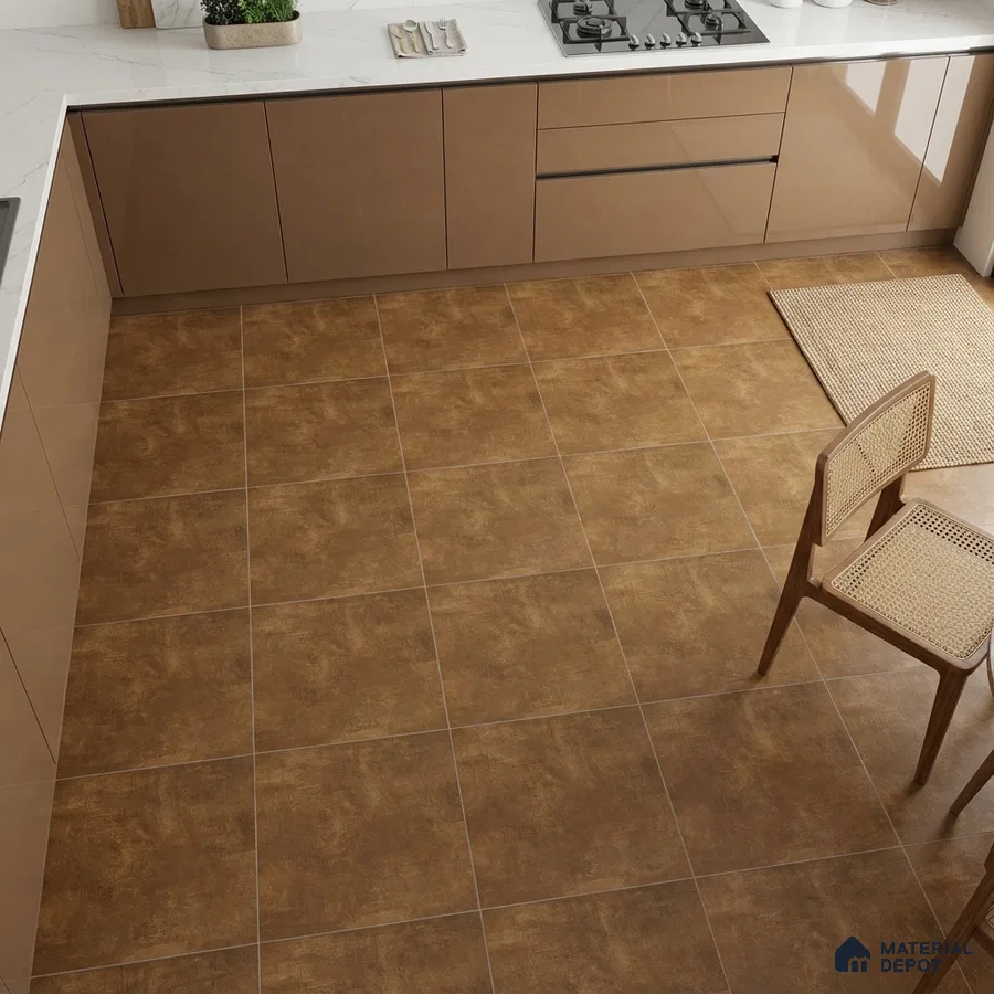 Modern kitchen with glossy taupe laminate cabinets, white marble-look countertop, and rustic brown floor tiles