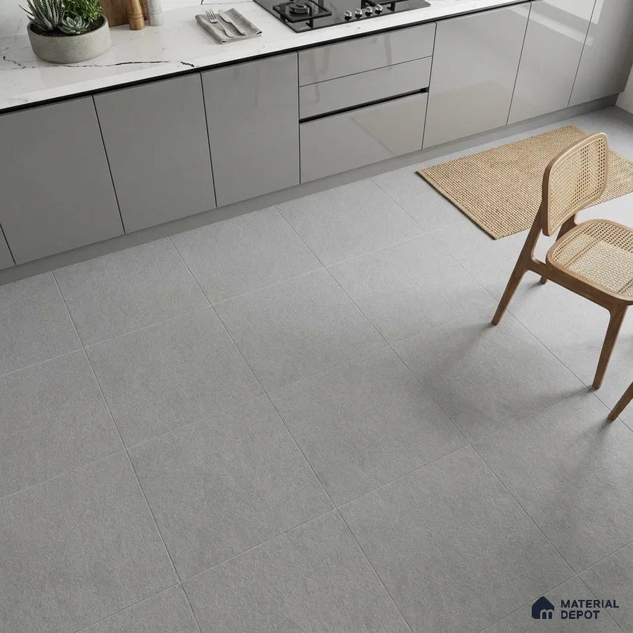 Minimalist kitchen with grey matte laminate cabinets, white marble countertop, and light grey stone floor tiles